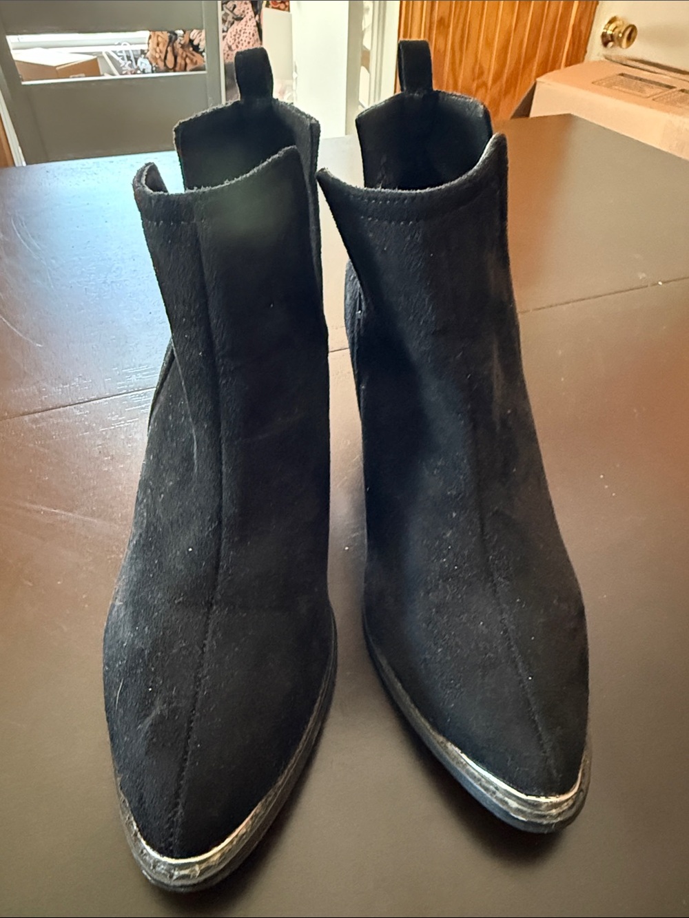 Journee Collection Black Suede Pointed Toe Ankle Booties with Metal Trim